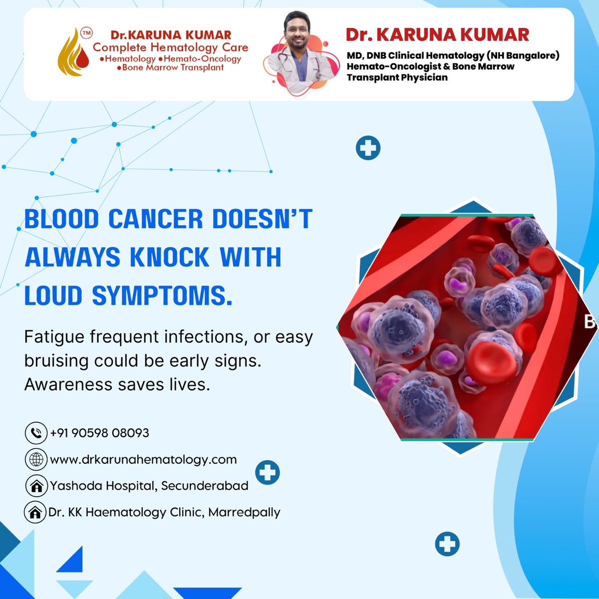 Drkkhematology's tweet image. 🔴 Blood cancer often whispers before it screams.
Don’t ignore early warning signs like fatigue, frequent infections, or easy bruising. Early diagnosis can make all the difference — because awareness saves lives. ❤️
#BloodCancerAwareness #DrKarunaKumar #HematologyCare