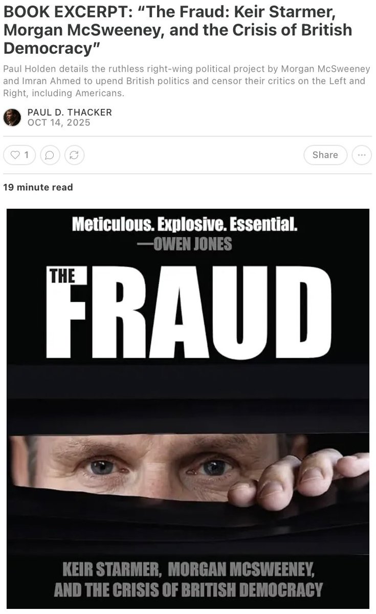 thackerpd's tweet image. Please read this book excerpt of Paul Holden&apos;s &quot;The Fraud&quot; delving into the dark money behind British operatives Imran Ahmed and Morgan McSweeney who run Center for Countering Digital Hate disinformationchronicle.substack.com/p/book-excerpt…