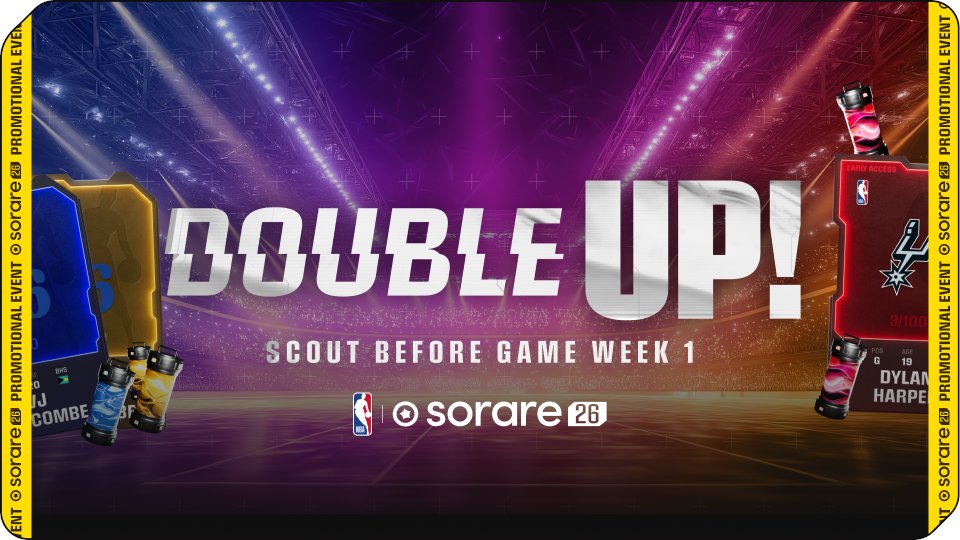 🛍️ Double Up for Tip-Off

From 10/14 at 12 PM ET to 10/15 at 12 PM ET, every purchase of a 🟡🔴🔵 card through Auction or Instant Buy unlocks an additional reward:

🧪90% chance: Essence 
🃏10% chance: a Second NBA card

For a full breakdown, read here: go.sorare.com/qtqzj