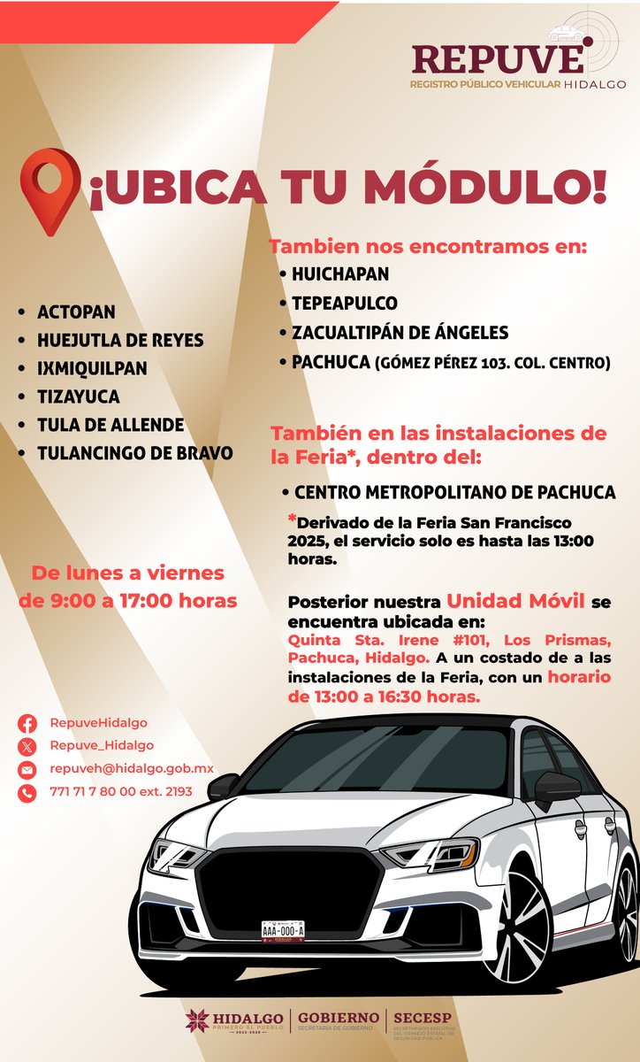 Srio_CespHgo's tweet image. 🚗✅ ¡No dejes pasar esta oportunidad!

Registra tu vehículo en el módulo #REPUVE más cercano.

🛡️ Asegura tu patrimonio y brinda mayor tranquilidad a ti y a tu familia.

📢 Infórmate y participa. ¡La seguridad es tarea de todas y todos!

#REPUVEHidalgo #SeguridadVehicular