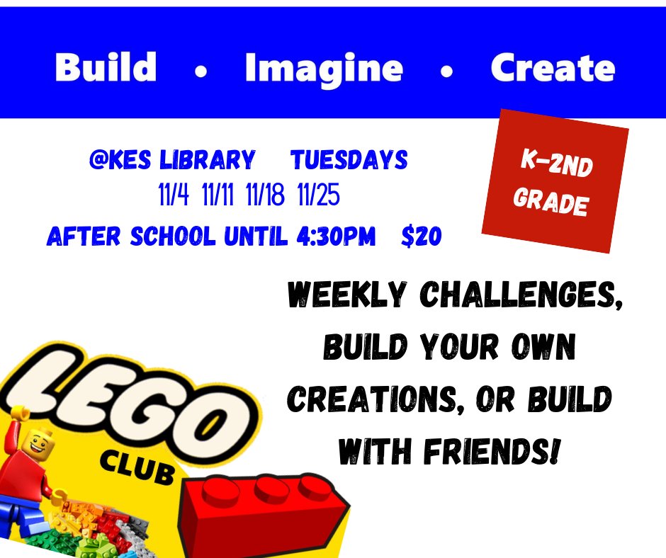 Registration for K-2nd grade LEGO CLUB is in progress now! Lego Club will take place after school until 4:30 on Nov 4, 11, 18, and 25. Register your child @ ohpta-00019369.givebacks.com/shop.