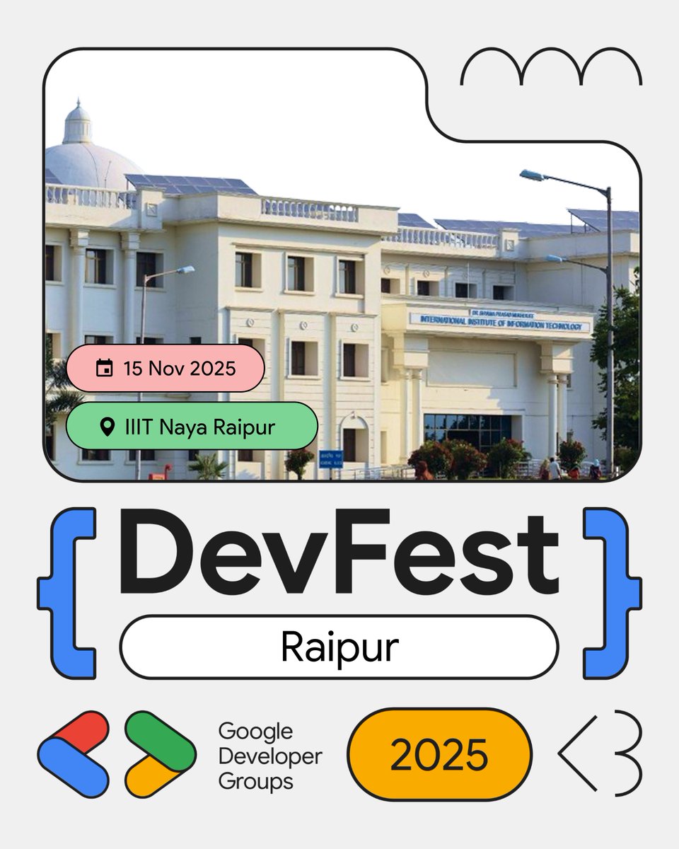 🚀 DevFest Raipur 2025 is here!

GDG Raipur is back with the biggest tech festival of Central India!

📅 15 November 2025
📍 IIIT Naya Raipur, Raipur, Chhattisgarh

📝 Register now: 
gdg.community.dev/events/details…

#DevfestRaipur25 #DevFest #GoogleDevelopers