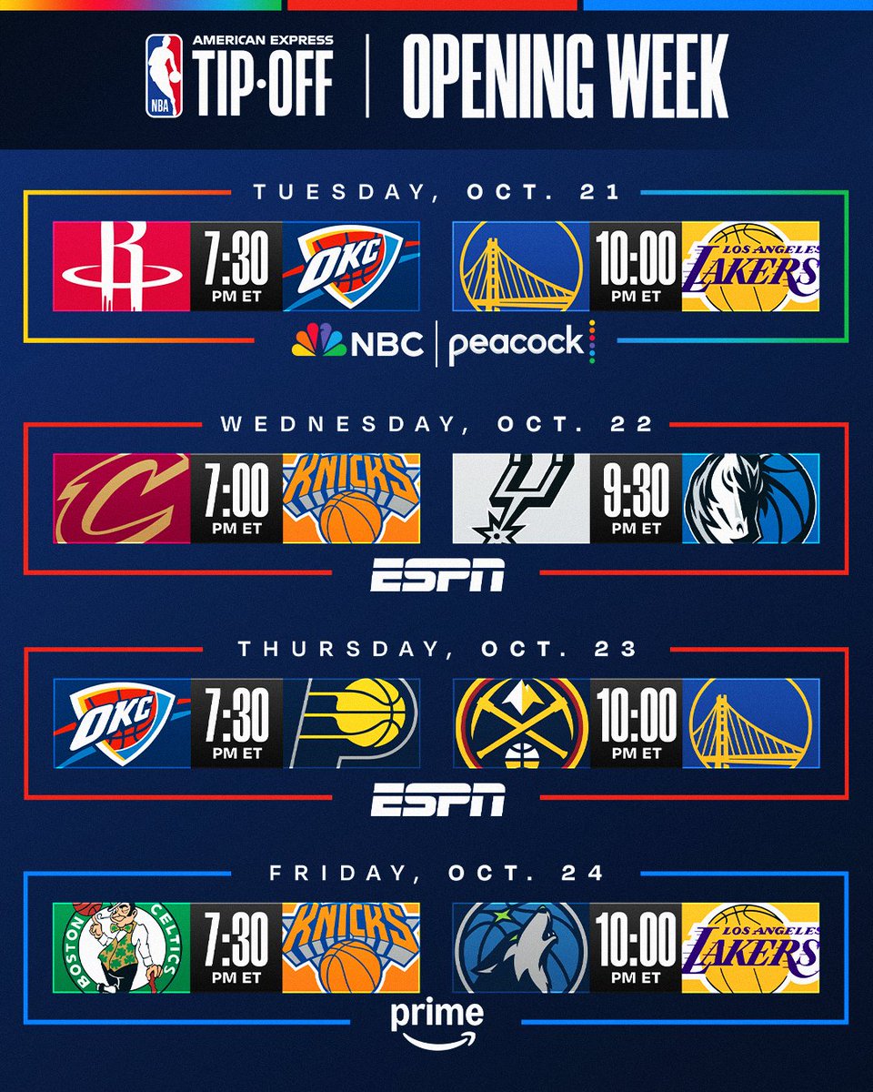 NBA (@nba) on Twitter photo We're just ONE WEEK OUT from the 2025-26 NBA season tipping off on Tuesday, October 21 🍿
Watch <a href="/AmericanExpress/">American Express</a> NBA Tip-Off all week on NBC and Peacock, ESPN and Prime! We're just ONE WEEK OUT from the 2025-26 NBA season tipping off on Tuesday, October 21 🍿
Watch <a href="/AmericanExpress/">American Express</a> NBA Tip-Off all week on NBC and Peacock, ESPN and Prime!