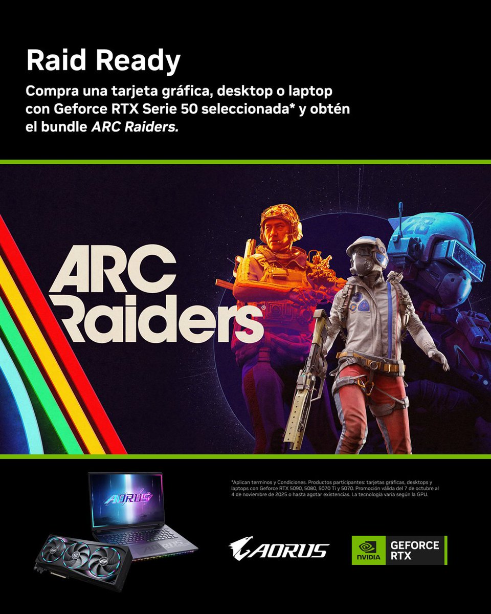 AORUSLATAM's tweet image. Potencia tu setup y llevate algo más.

Con la compra de una GPU, laptop o desktop con GeForce RTX Serie 5070 o más, obtené el bundle ARC Raiders sin costo adicional.

Tu entrada al próximo nivel del gaming está a un clic. 

#RaidReady
