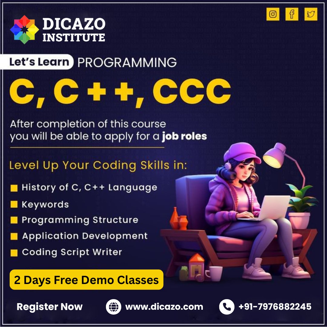 dicazoinfo's tweet image. Every great programmer once started with ‘Hello World!
Start your journey today with the Online C Programming Course in Jaipur at Dicazo Institute.
📞7976882245
✉️dicazoinfo@gmail.com
🌐dicazo.com
#CProgramming #CodingJourney #LearnToCode #DicazoInstitute #Skill