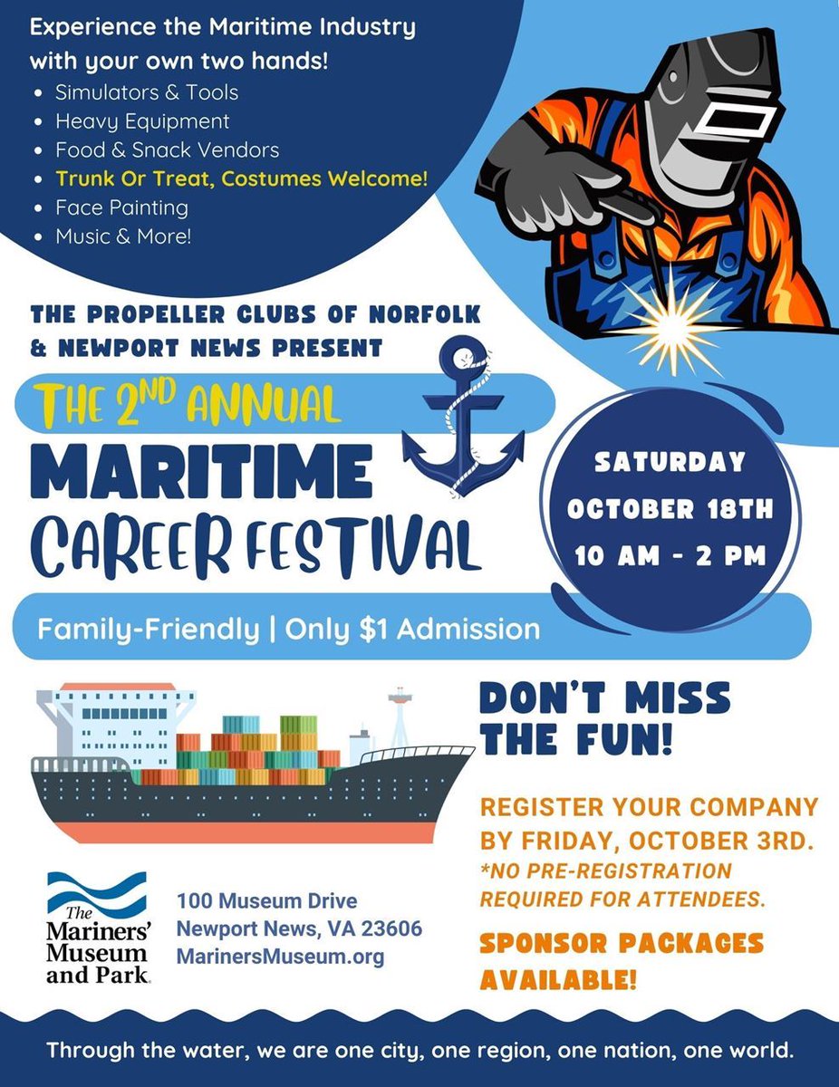 Mark your calendar for the 2nd annual Maritime Career Festival at The Mariners’ Museum and Park on October 18!  No pre-registration is required, and admission to the career festival is included in the $1 Museum admission. For more info, email NorfolkPropellerClub@gmail.com.