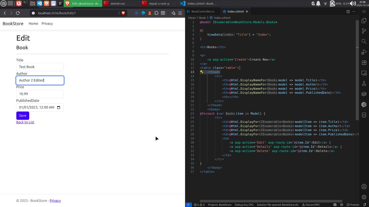 virtualabishek's tweet image. #LearningUtsav2025 #FestivalOfLearning #LUD16
@learning_utsav
Today i have explored and created ASP .NET Core Web project . I have created API for CRUD Operations. I tested them all doing CURL and also by making the view using razor(c# + html).
update: github.com/virtualabishek…