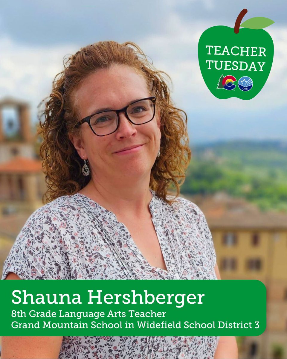 codepted's tweet image. It's Teacher Tuesday, and we're highlighting eighth-grade language arts teacher Shauna Hershberger from Grand Mountain School in @WidefieldD3. Shauna has been a teacher for 26 years. Outside of the classroom, Shauna enjoys spending time in nature.