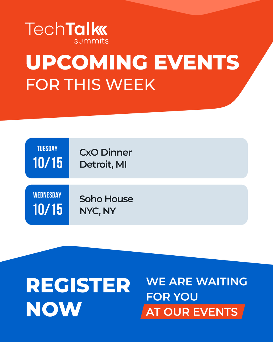 techtalksummits's tweet image. Good morning from #TechTalkSummits! Coming up this week:

Wednesday 10/15 - CXO Summit - Detroit, MI
Wednesday 10/15 - Soho House Series - New York City, NY

It&apos;s not too late to register! Check our website under &apos;Upcoming Events&apos; for more information on the event you&apos;re…