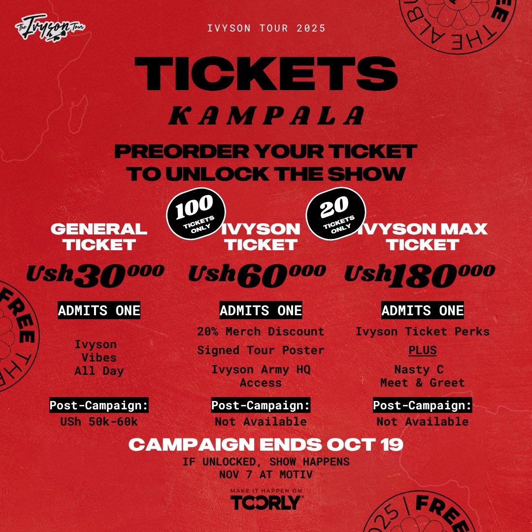 UPDATE 🎟️

138/200 required tickets have been pre - ordered already 
Only 62 Tickets left for grabs.

Purchase yours here —toorly.com/campaign-link/… •
#IvysonTourKampala 👁️V☀️