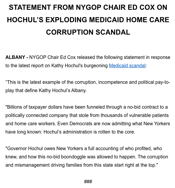 NewYorkGOP's tweet photo. 🚨This is a major scandal brewing in Kathy Hochul's Albany:

She spent billions of taxpayer dollars on a no-bid contract for a company to handle Medicaid payments for home care - and that company STOLE money from vulnerable New Yorkers.

Full statement from @ChairmanEdCox: https://t.co/std7fGit5a