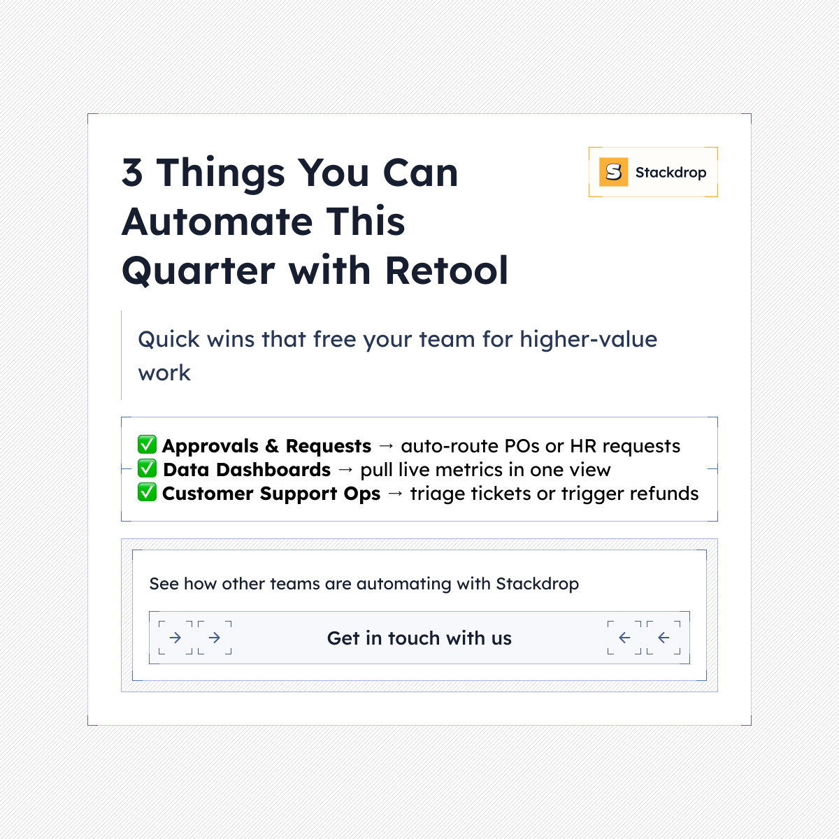 stackdropHQ's tweet image. What could your team automate before the quarter ends?
Stackdrop builds Retool apps that cut manual work and speed up operations. Learn more here 👉 eu1.hubs.ly/H0ngT830