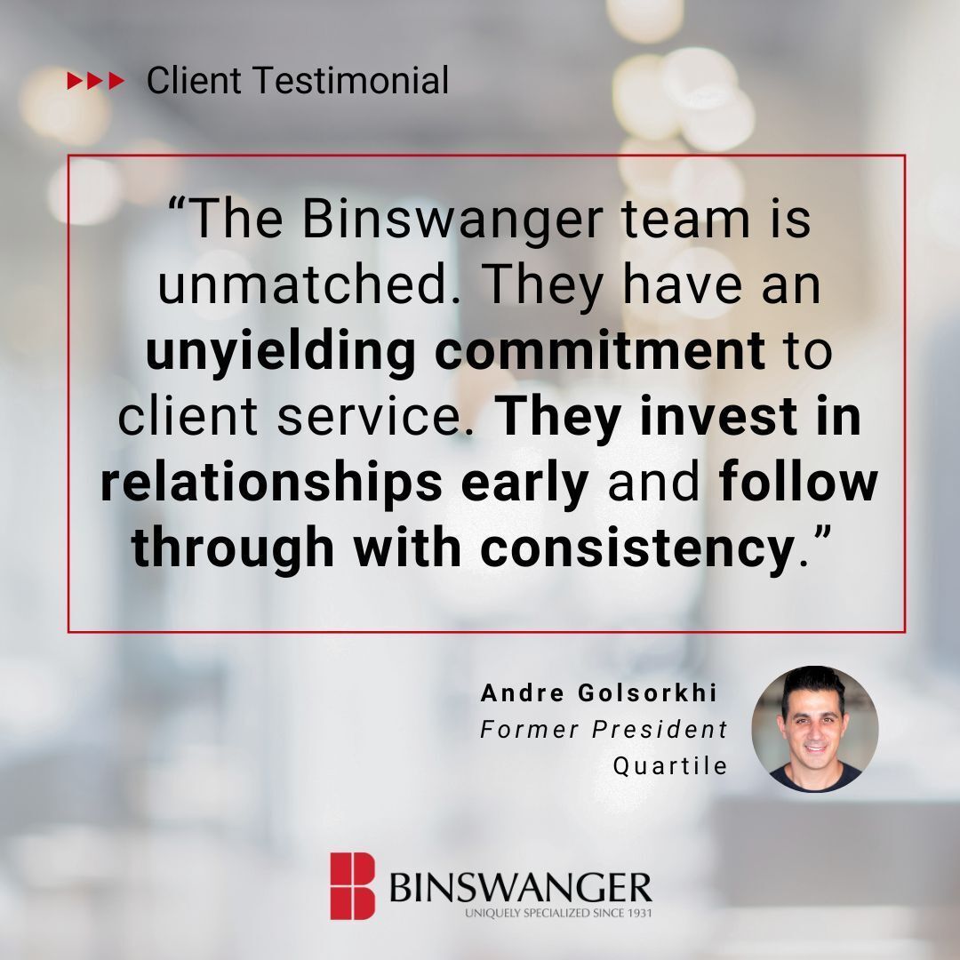 Client service. Relationships. Consistency. That’s what sets Binswanger apart.

#TestimonialTuesday #CRE #IndustrialRealEstate