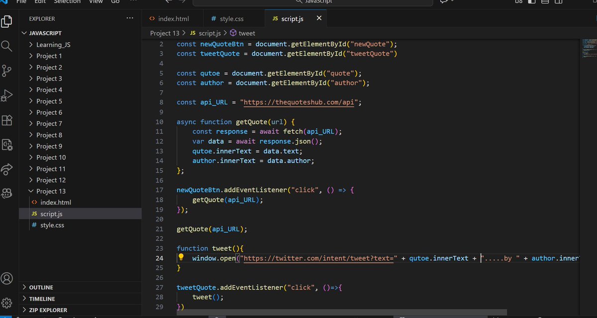 Vishal_VP_'s tweet image. Day 56✅#100DaysOfCode
Today was all about mixing creativity with logic ✨
Built a Quote Generator App using #JavaScript and an #API
Every time you click New Quote, it fetches a fresh motivational quote.
Small project, big motivation boost🚀
#CodingJourney #WebDevelopment