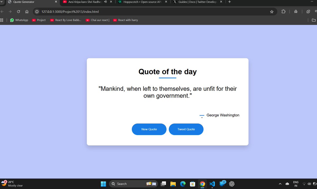 Vishal_VP_'s tweet image. Day 56✅#100DaysOfCode
Today was all about mixing creativity with logic ✨
Built a Quote Generator App using #JavaScript and an #API
Every time you click New Quote, it fetches a fresh motivational quote.
Small project, big motivation boost🚀
#CodingJourney #WebDevelopment