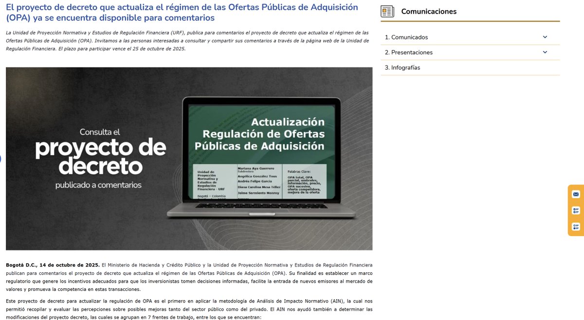 URFCOLOMBIA's tweet photo. 📰 #ComunicadoURF | El proyecto de decreto que actualiza el régimen de las Ofertas Públicas de Adquisición (OPA) ya se encuentra disponible para comentarios. 

Consúltalo aquí 👇
https://t.co/PlpA6VL2qd https://t.co/OjQlElSQA1