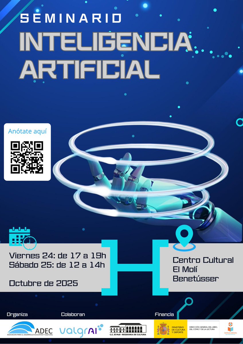 fvalgrai's tweet image. 🎓💡 ¡EXPLORA EL FUTURO DE LA TECNOLOGÍA!

📍 Organizado por el #CentroCulturalElMolí
🤝 Con la colaboración de #ValgrAI
🗓️ Viernes 24 | 17:00 - 19:00 h
🗓️ Sábado 25 | 12:00 - 14:00 h
🔗 ¡Inscríbete! adec-galicia.es/seminario-ia-b…

#IA #AI #Tecnología #Benetússer