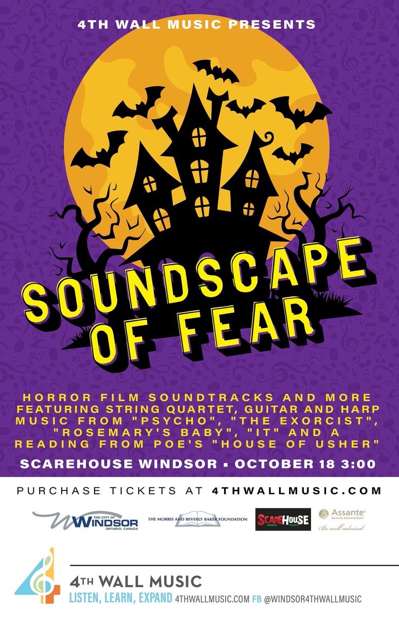 Listen to your favourite horror themes played by classical musicians.  LiVE.  Limited seating available.  👻🎃 TICKETS NOW ON SALE🎃👻Soundscape of Fear Concert Scarehouse Windsor! 
October 18, 2025 at 3pm - Tickets available at: 4thwallmusic.com/soundscape-of-…