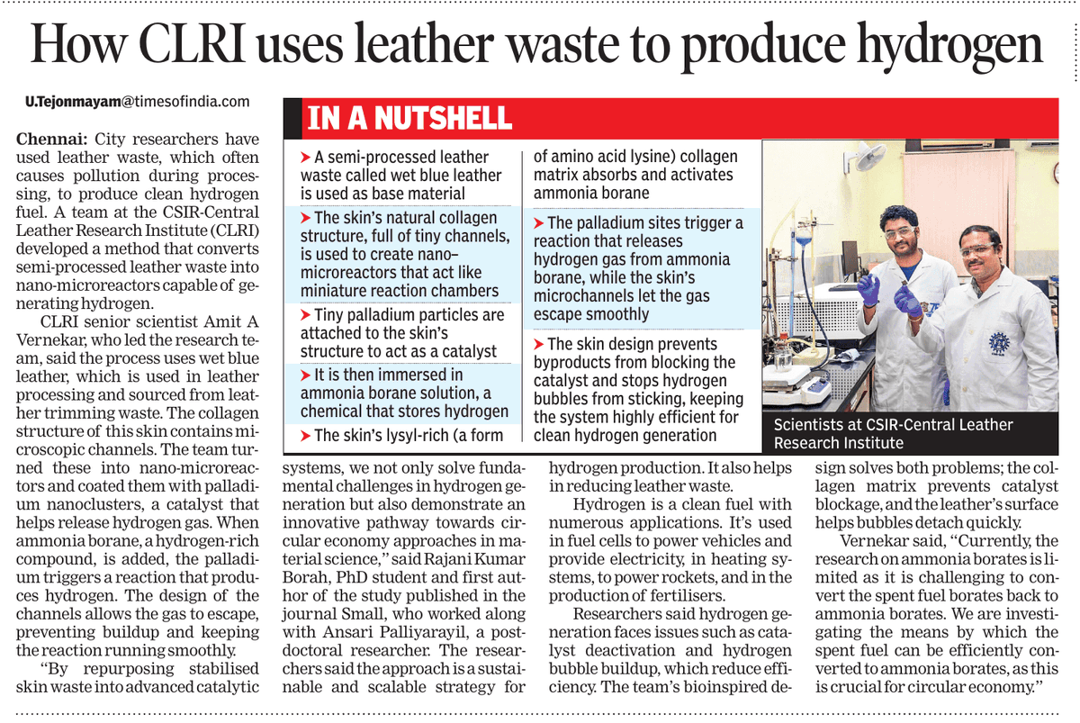 Hydrogen used to power vehicles and #Rockets can soon be produced from leather waste, <a href="/clriindia/">CSIR-CLRI</a>'s tech will also help reduce #pollution from leather processing. 

<a href="/PMOIndia/">PMO India</a> <a href="/CSIR_IND/">CSIR, India</a> <a href="/moefcc/">MoEF&CC</a> <a href="/IndiaDST/">DSTIndia</a> <a href="/UNEP/">UN Environment Programme</a> <a href="/CentreCoastal/">National Centre for Coastal Research</a> <a href="/ANRFIndia/">Anusandhan National Research Foundation</a>