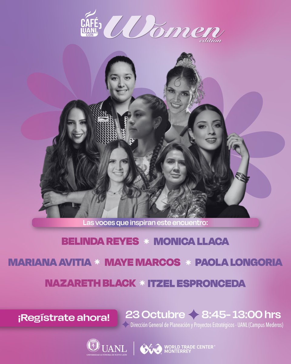 ¡Aquí se viene a brillar juntas! ✨

Este 23 de octubre llega al Café UANL Women Edition, un lineup de mujeres poderosas que inspiran, lideran y transforman el mundo empresarial.

¡Asegura tu acceso! 🌸👉🏼 wtcmonterrey.wixsite.com/eventos-wtc/de…