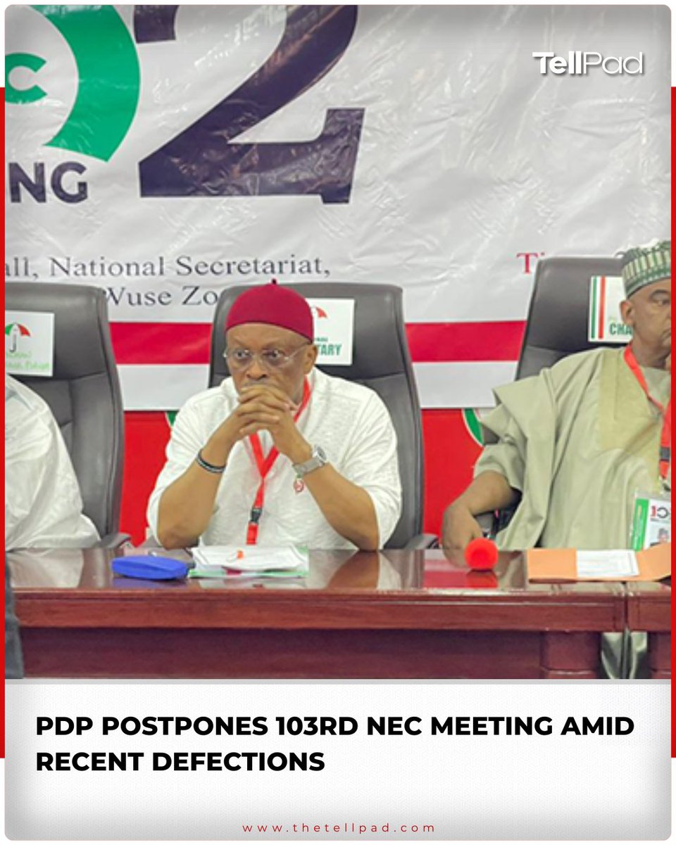 tellpad's tweet image. PDP delays its 103rd NEC meeting as internal tensions rise and key members switch camps.

Will this reshuffle strengthen or shake the party’s foundation? 

#PDP
#NigeriaPolitics #PartyDefection #NECMeeting 
#TellPad