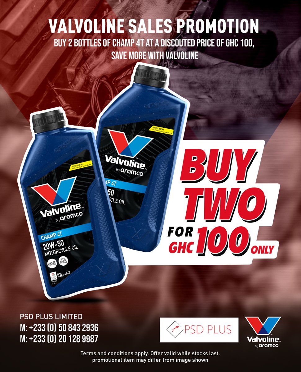 psdplusltd's tweet image. 🔥Good News Riders!🔥
Our Valvoline Sales Promotion is still running! 🎉
Get 2 bottles of Valvoline Champ 4T (20W-50 Motorcycle Oil) for only GHC 100. 🚀 Keep your engine protected, powerful, and ready for the road.👉 Don’t miss out—stock up today and save more with Valvoline.