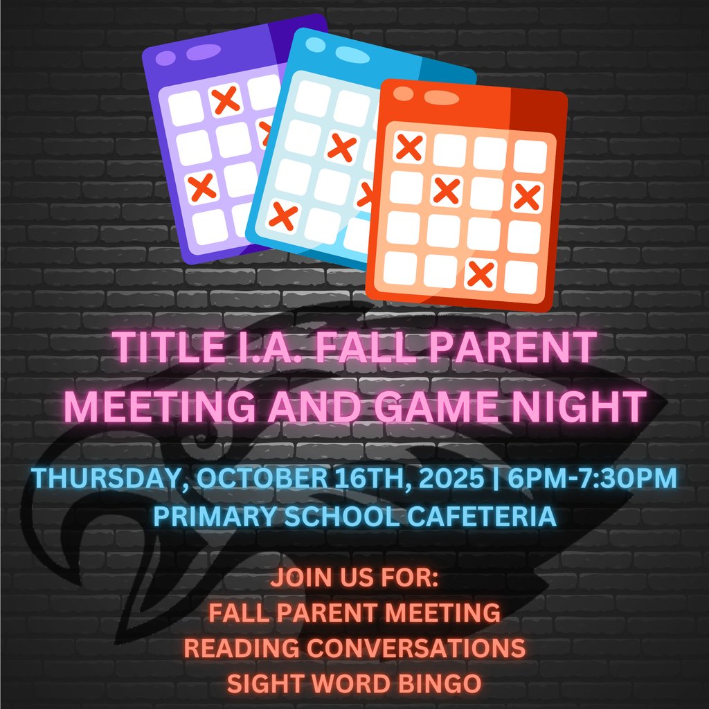🎉 The Southern Boone Primary School is hosting a Title I.A. Reading Bingo Night on Thursday, October 16th at 6 PM in the Primary School Cafeteria!