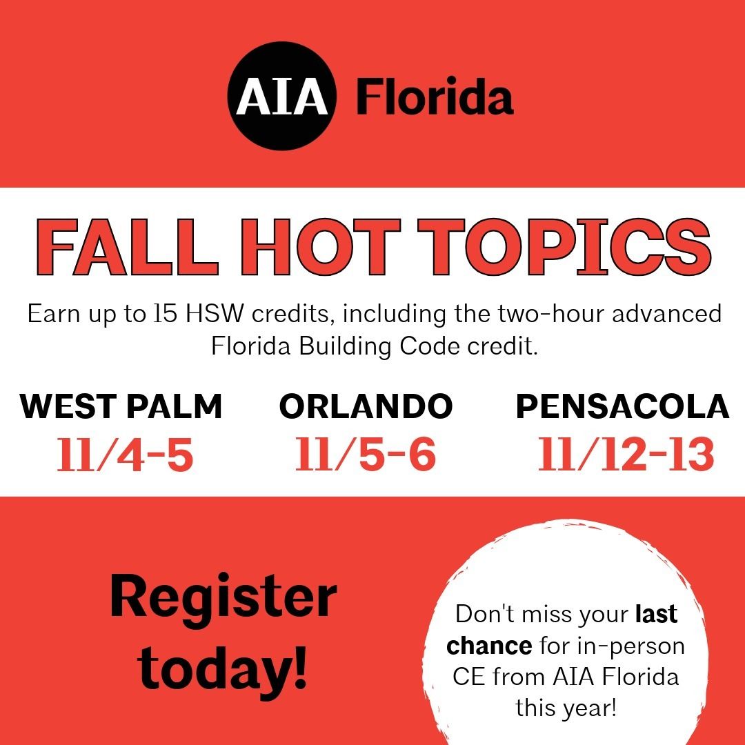 Register for AIA Florida's last in-person CE this year.  Choose from three locations! buff.ly/50eE1Mf