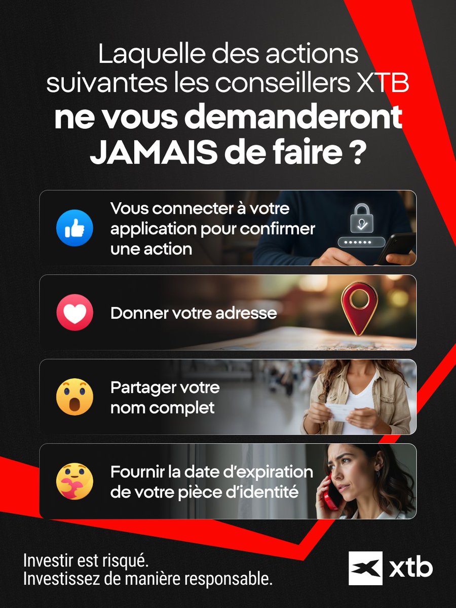 ⚠️ Attention aux tentatives de fraude !

Nos conseillers ne vous demanderont JAMAIS de :
❌ partager vos identifiants ou codes SMS
❌ installer un logiciel tiers
✅ ou de vous connecter pour “confirmer” une action.

🚨 Restez vigilant : action.xtb.com/fr/securite-in… 👈