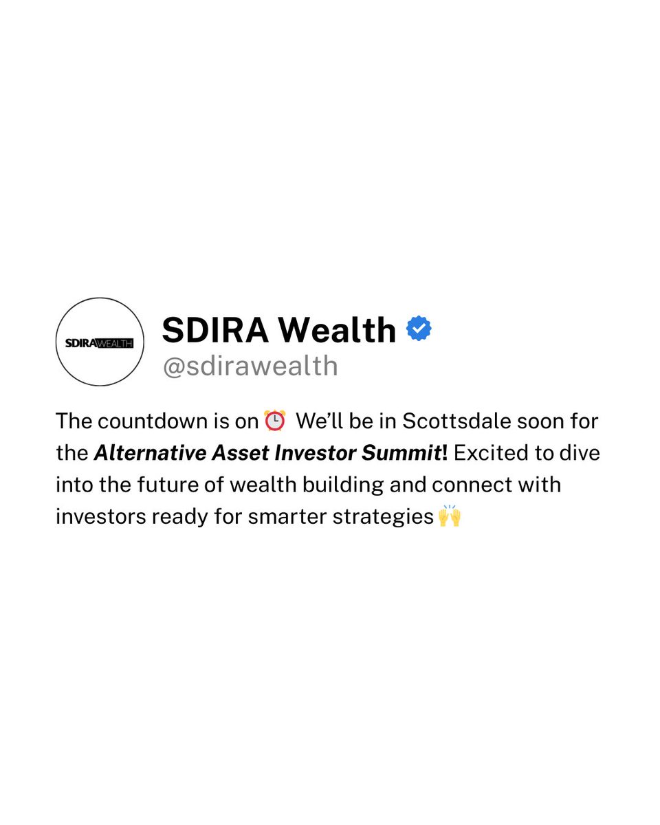 SDIRABuild2Rent's tweet image. Just 2 days until the Alternative Asset Investor Summit in Scottsdale! 🌵 Excited to connect with top investors and discuss alternative assets. See you there! ✈️ 

#AlternativeInvesting #InvestorSummit #Freedom5Formula #BuildToRent #WealthBuilding