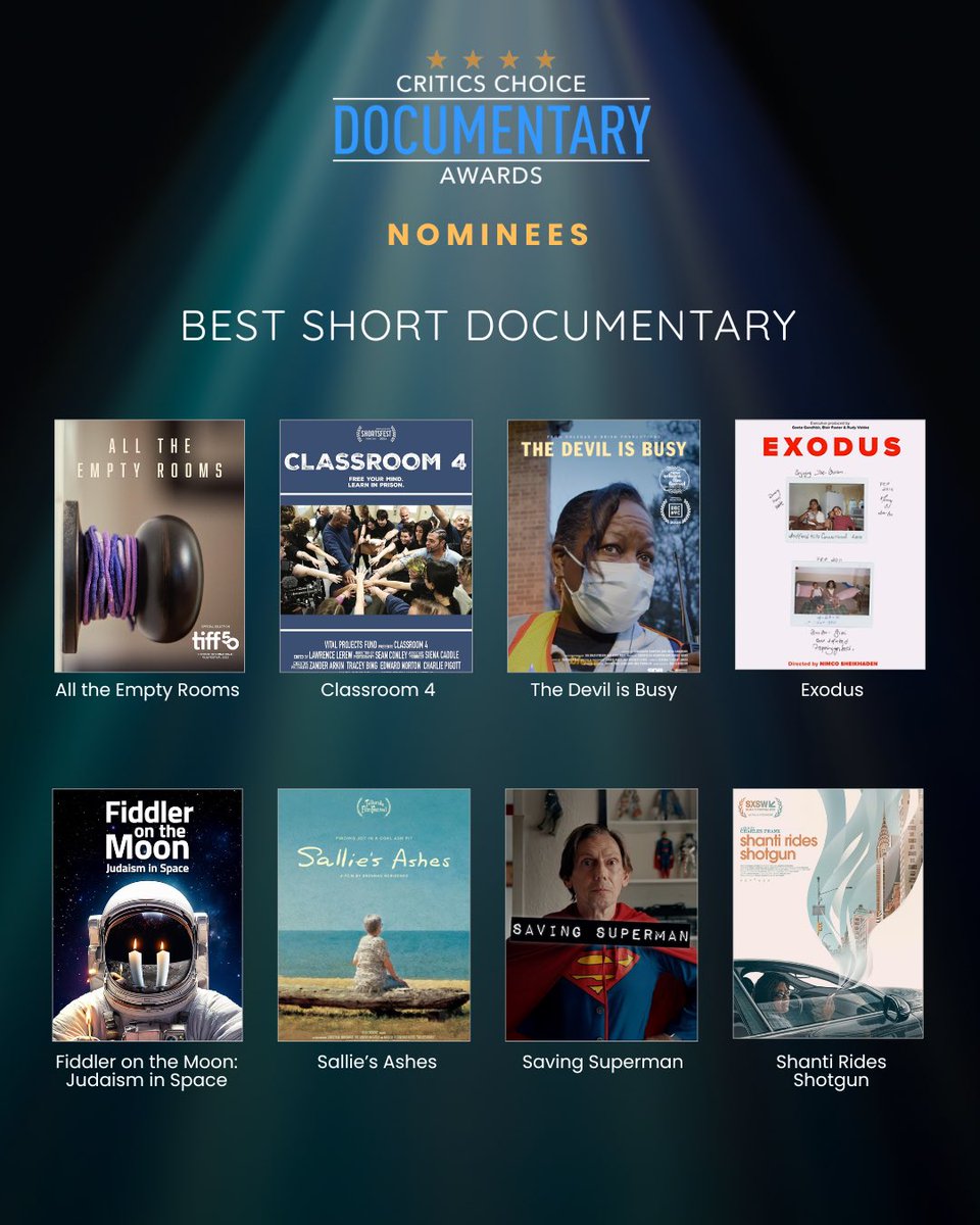CriticsChoice's tweet image. Congratulations to the nominees for BEST SHORT DOCUMENTARY! 🎬✨

📽️ All the Empty Rooms 
📽️ Classroom 4 
📽️ The Devil is Busy 
📽️ Exodus 
📽️ Fiddler on the Moon: Judaism in Space 
📽️ Sallie’s Ashes 
📽️ Saving Superman 
📽️ Shanti Rides Shotgun 

🏆 Winners will be revealed at the…