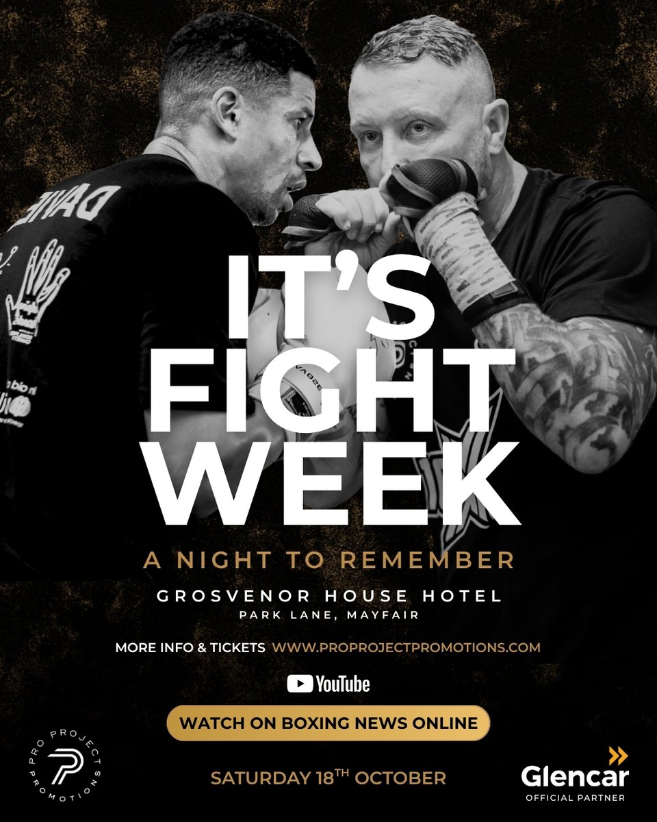 proprojectpro's tweet image. It’s fight week 🥊

The countdown is on for A Night to Remember. Don’t miss a single moment of the action, tune in to the live stream on Boxing News Online’s YouTube channel and catch every bout as it happens.

📅 Saturday 18th October
📍 Grosvenor House Hotel, Park Lane, Mayfair