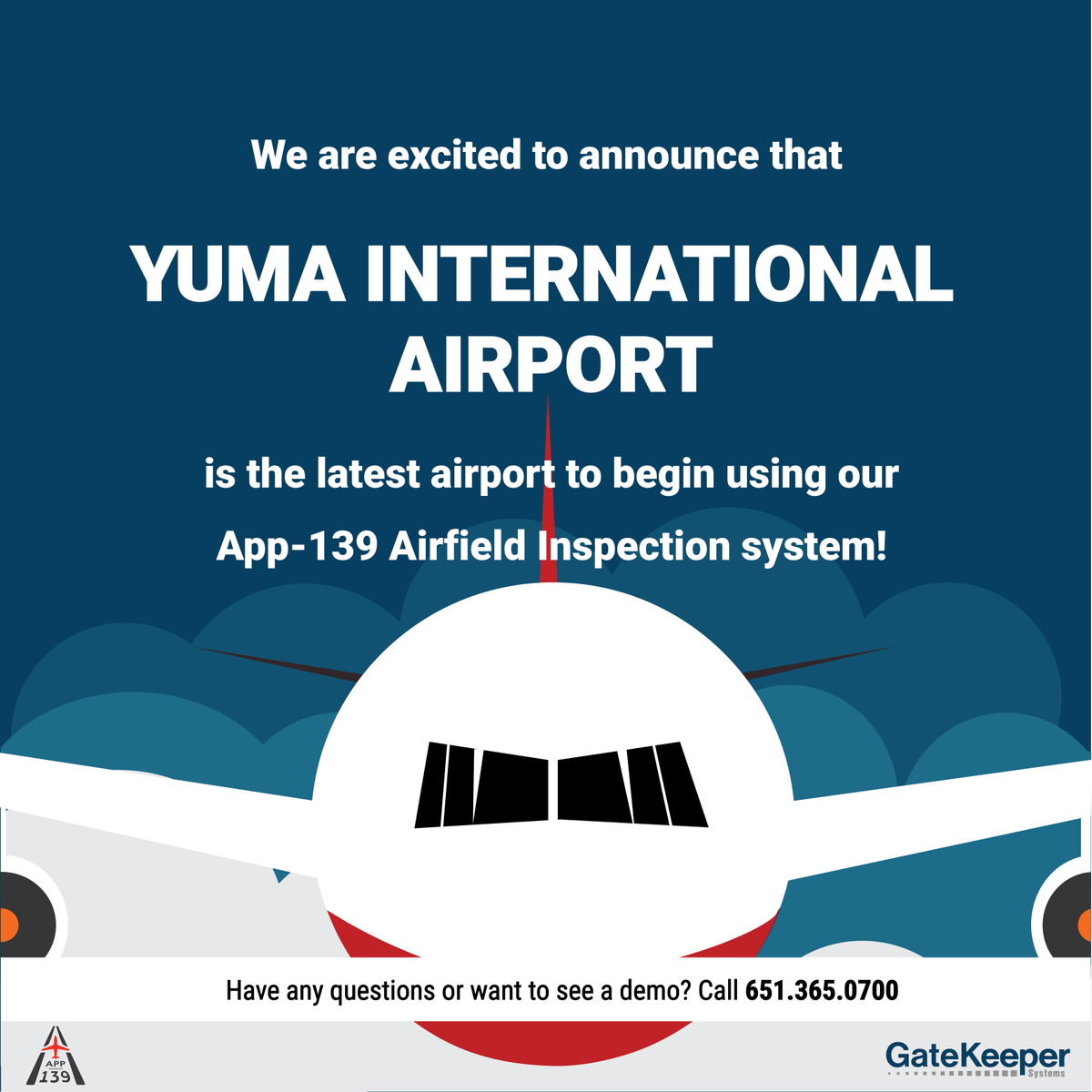We are excited to announce that Yuma International Airport is the latest airport to begin using our App-139 Airfield Inspection System. Contact us today to learn how App-139 can streamline your Part-139 FAA Inspections. #GatekeeperSystems #App139
