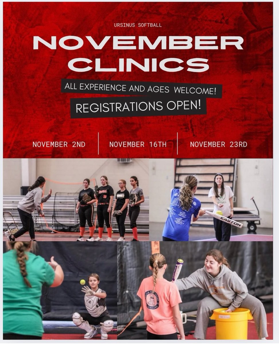 🏆November Clinics Are Back!🥎
Join us for a series of defensive, offensive, pitching, and catching clinics on:
📅November 2nd, 16th, and 23rd
👥Open to all ages and skill levels
📍Learn. Improve. Compete.🐻
Spots fill fast—register today using this link:
ursinussoftballcamps.com/camps.php