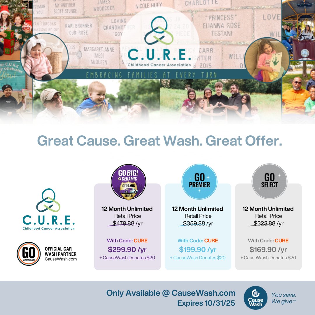 We support <a href="/curekidscancer_/">C.U.R.E. Childhood Cancer Association</a> with a $20 donation, and you get the best deal of the year with code: CURE at checkout. rochester.causewash.com/partners/curek…

It's easy to switch your current wash plan to a prepaid annual plan by stopping in the office at any area <a href="/TheGOCarWash/">GO Car Wash</a> location.