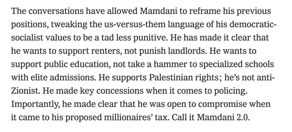 1. In its article on Mamdani, the NYT magazine writes that he is "tweaking" his "us-vs-them" language. Mamdani promotes the fiction that there are no irreconcilable social and class conflicts, between landlords &amp; tenants, Palestinians &amp; the Zionist state, workers &amp; oligarchs