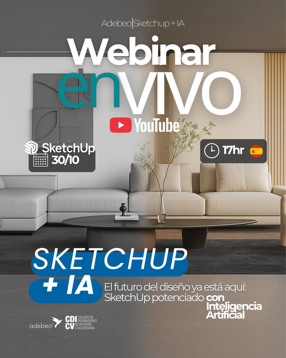 CDICV (@cdicv) on Twitter photo 📢📢WEBINAR GRATUITO 'DISEÑO DE INTERIORES INTELIGENTE CON SKETCHUP + IA' ADEBEO
🗓️JUEVES 30 DE OCTUBRE A LAS 17:00h
<a href="/adebeo/">Adebeo</a> 
+info y reserva de plaza: lacasaead.com/evento/diseno-…
#CDICV #LaCasaEAD #ADEBEO #SketchUp 📢📢WEBINAR GRATUITO 'DISEÑO DE INTERIORES INTELIGENTE CON SKETCHUP + IA' ADEBEO
🗓️JUEVES 30 DE OCTUBRE A LAS 17:00h
<a href="/adebeo/">Adebeo</a> 
+info y reserva de plaza: lacasaead.com/evento/diseno-…
#CDICV #LaCasaEAD #ADEBEO #SketchUp