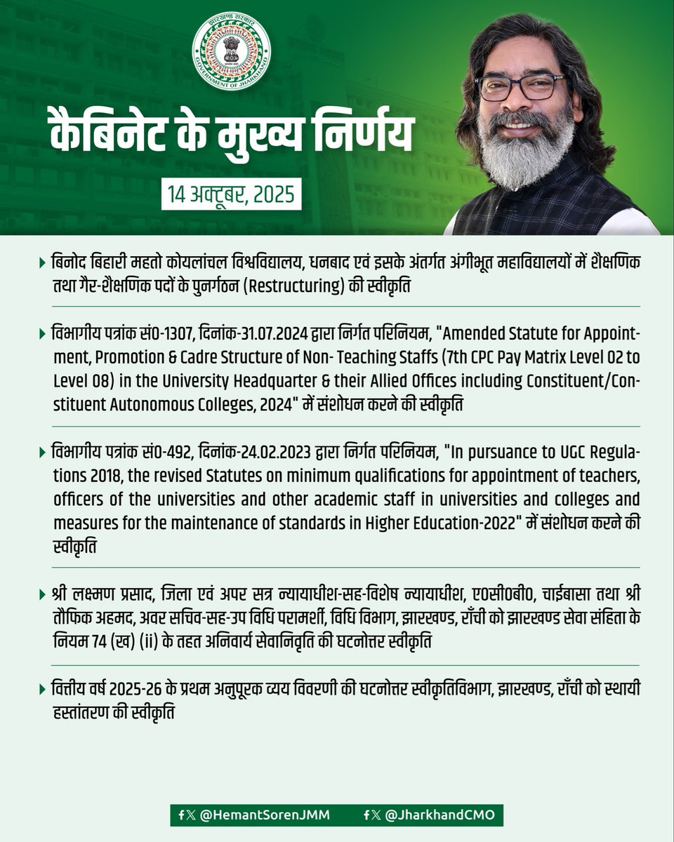 JharkhandCMO's tweet photo. मुख्यमंत्री श्री @HemantSorenJMM की अध्यक्षता में 14 अक्टूबर 2025 को मंत्रिपरिषद की बैठक में लिए गए महत्वपूर्ण निर्णय… https://t.co/om4gWUOPYf