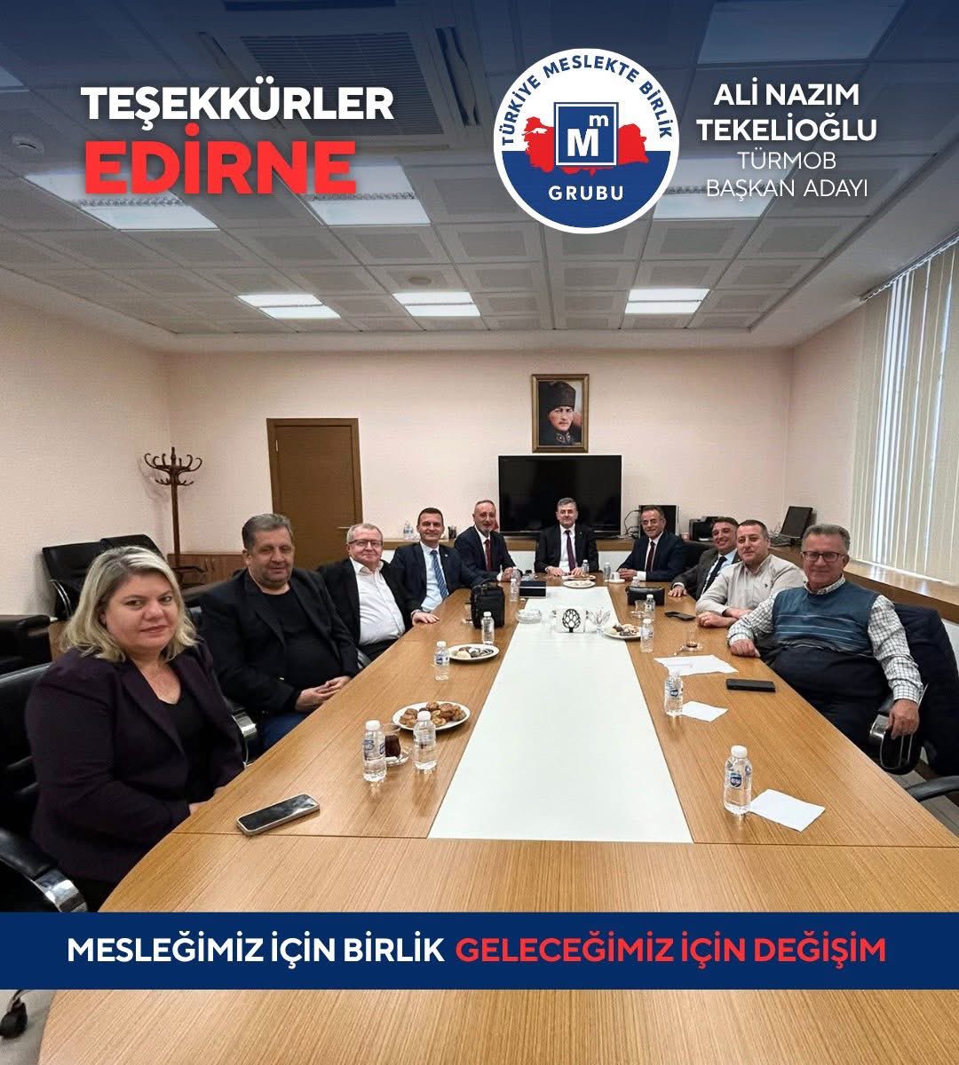 Mesleğin mutfağını bilen,
Üyesiyle aynı hizada duran bir yönetim anlayışıyla;
DEĞİŞİM’de ısrar ediyoruz.

TÜRMOB seçim çalışmalarımız kapsamında istişare toplantımızı
Edirne odasında yaptık.

EDİRNE Oda Başkanı Cüneyt KESKİN’e Yönetim Kuruluna ve Delegelerimize teşekkür ediyoruz.