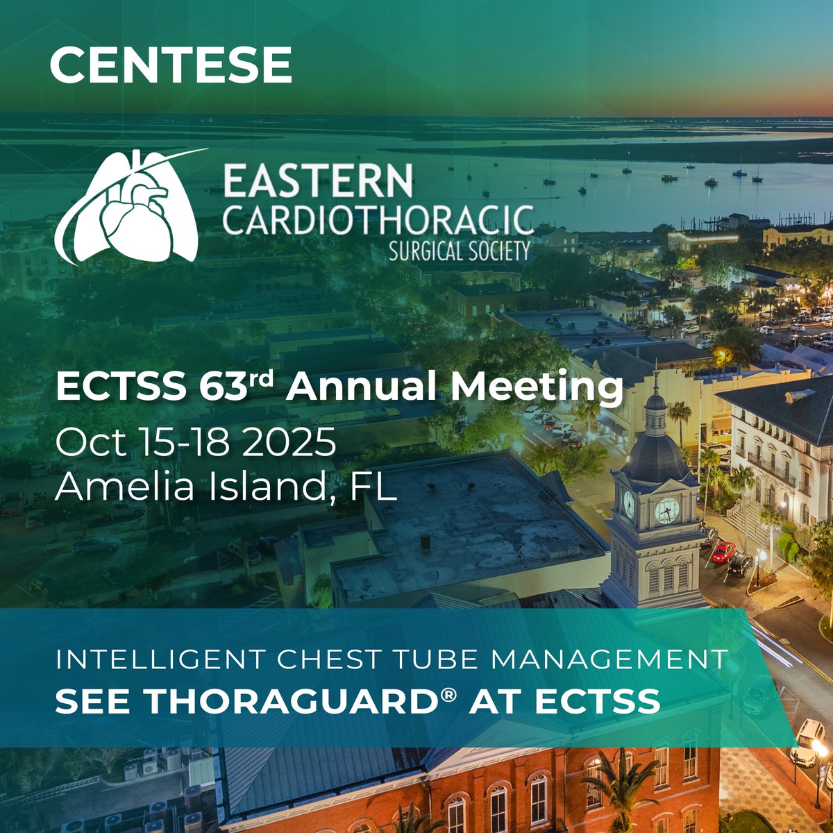 Centese will be attending the Eastern Cardiothoracic Surgical Society 63rd Annual Meeting, taking place October 15–18 in Amelia Island FL. We look forward to connecting with the cardiothoracic community and sharing how Thoraguard is helping advance patient recovery.
<a href="/ECTSS_CTsurg/">Eastern Cardiothoracic Surgical Society</a>