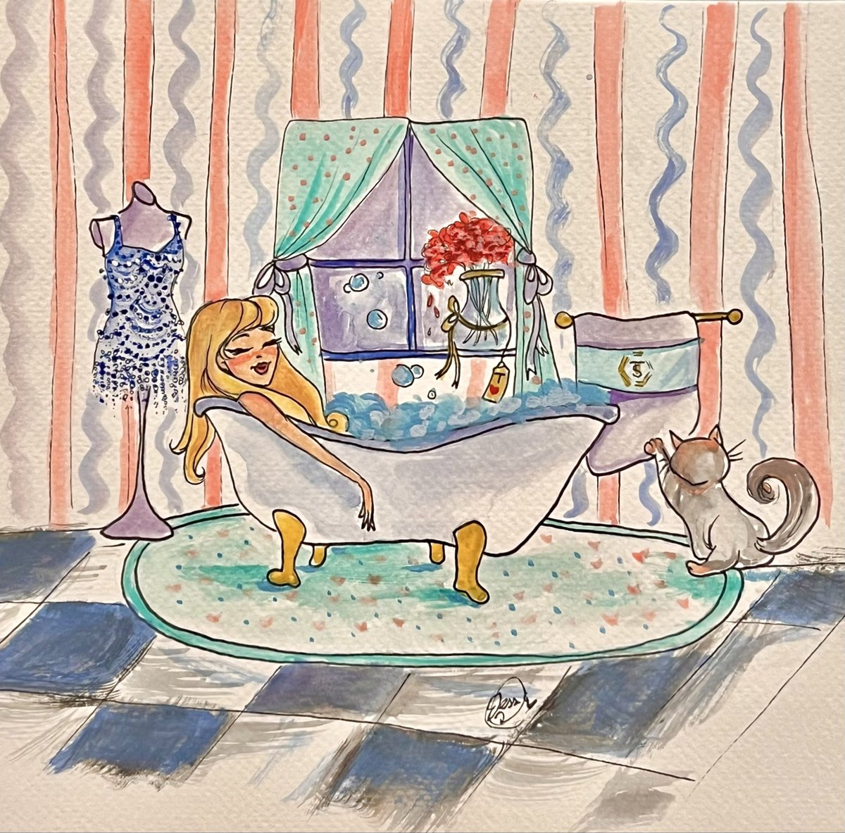 enchantedjess13's tweet image. did a simple watercolor last night of taylor relaxing after an eras show to celebrate the upcoming docuseries &amp;lt;3