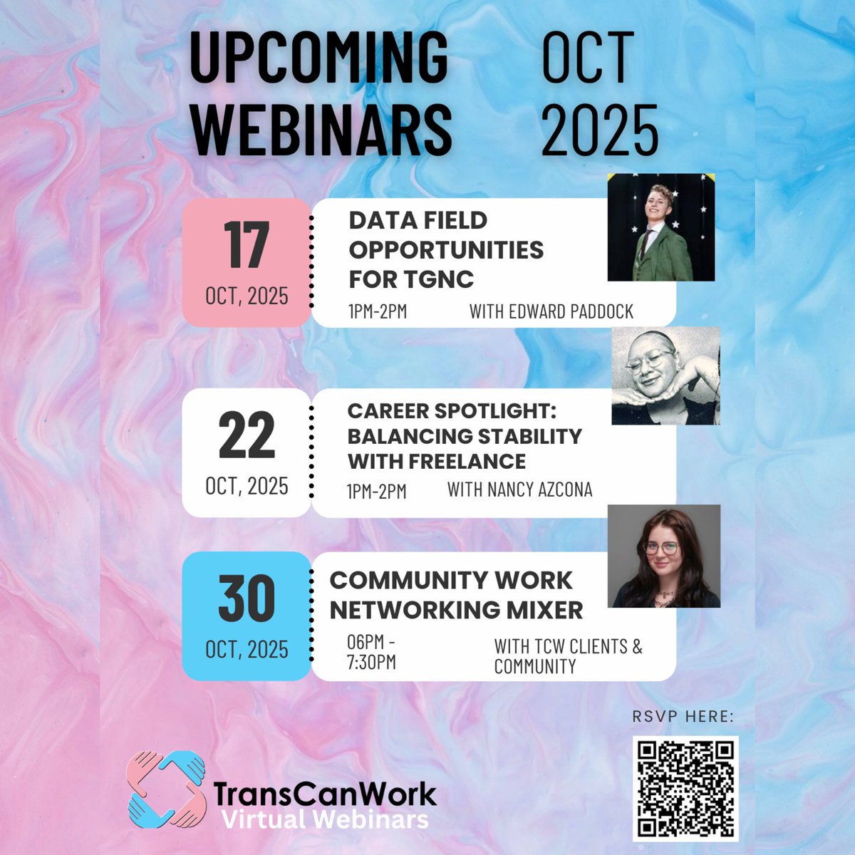 TransCanWork's tweet image. Please lock in #TransCanWork’s upcoming webinars. Make sure to RSVP using the QR code. 🏳️‍⚧️