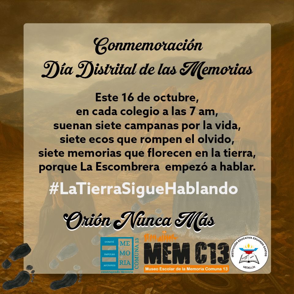 MEM_C13's tweet photo. El 16 de octubre a las 7:00 am les pedimos a todas las instituciones educativas, sonar siete veces el timbre, en un homenaje a las víctimas de la guerra y como expresión de resistencia frente a la misma.
#LaTierraSigueHablando 
@MEM_C1 https://t.co/6JKgUtXlHc