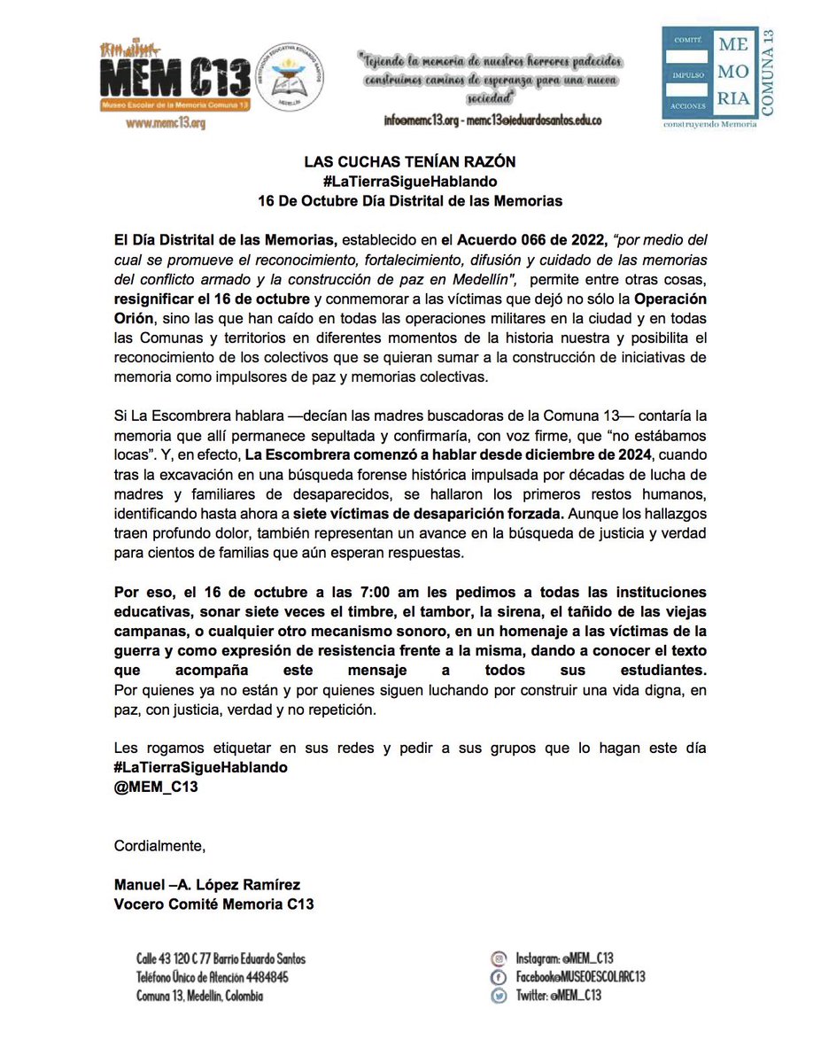 MEM_C13's tweet photo. El 16 de octubre a las 7:00 am les pedimos a todas las instituciones educativas, sonar siete veces el timbre, en un homenaje a las víctimas de la guerra y como expresión de resistencia frente a la misma.
#LaTierraSigueHablando 
@MEM_C1 https://t.co/6JKgUtXlHc