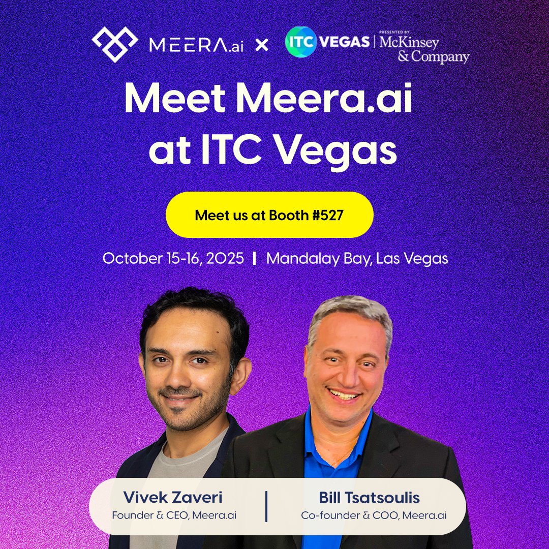 It’s Day 1 at #ITC2025 Agents &amp; Brokers! 🎊
Meet bit.ly/3W8pUUO at Booth #31 (Mandalay Bay) &amp; again this week at Booth #527 for #ITCVegas.
Say hi to Vivek Zaveri &amp; Vasilios Tsatsoulis — discover how we’re transforming insurance with Conversational AI. 
#smsmarketing #ai