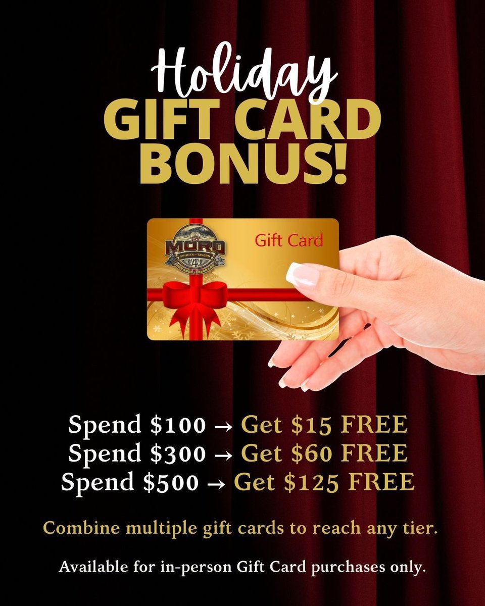🎁 Early Holiday Gift Card Bonus!

Buy physical gift cards in person and get FREE bonus cards instantly:
$100 → +$15
$300 → +$60
$500 → +$125

Combine cards to reach a tier. In-person only at El Moro Spirits &amp; Tavern.

#ElMoroTavern #DurangoColorado #ShopLocal