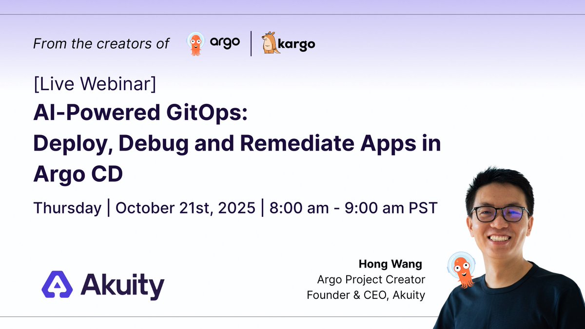akuityio's tweet image. Argo meets @MLB. 🐙⚾
️
Join @wanghong230 + @opsgoodness to see how AI transforms GitOps—safer deploys, faster fixes, real insight. 👀
Register 👉  hubs.li/Q03Nn46f0
#AkuityIntelligence #MLB #ArgoProject #GitOps