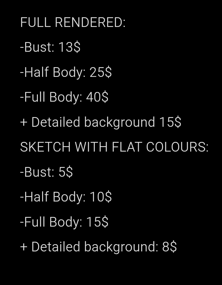 ‼️ ATTENTION PLEASE‼️
my husband was cheated out of money at his previous job so I'm currently accepting extra commissions for lower prices so i can help him with the debt 
if you're interested in commissioning me let me know please