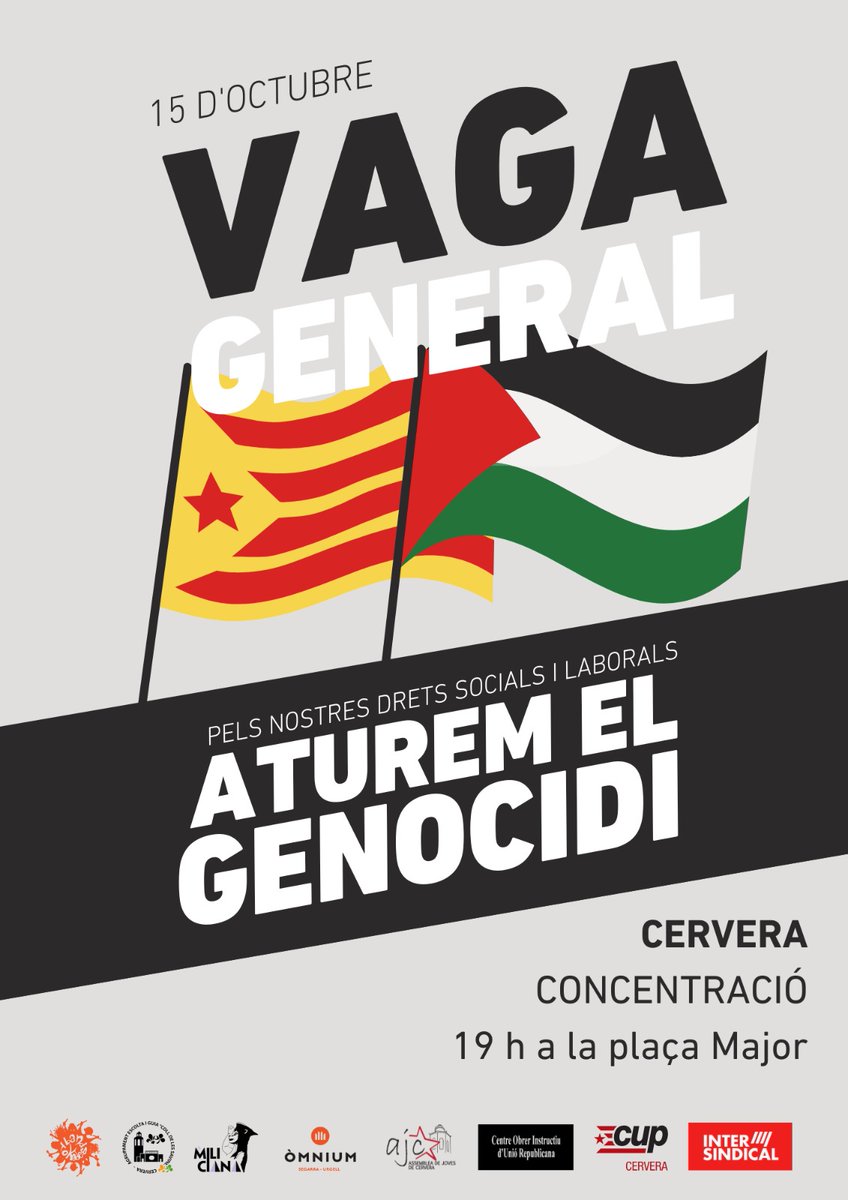A #Cervera aquest 15 d'octubre seguim reivindicant justícia contra el genocidi del poble palestí. 
No podem mirar cap a un altre costat quan els drets humans, la legalitat internacional i la nostra consciència col·lectiva estan en joc.
Visca Palestina lliure! 🇵🇸