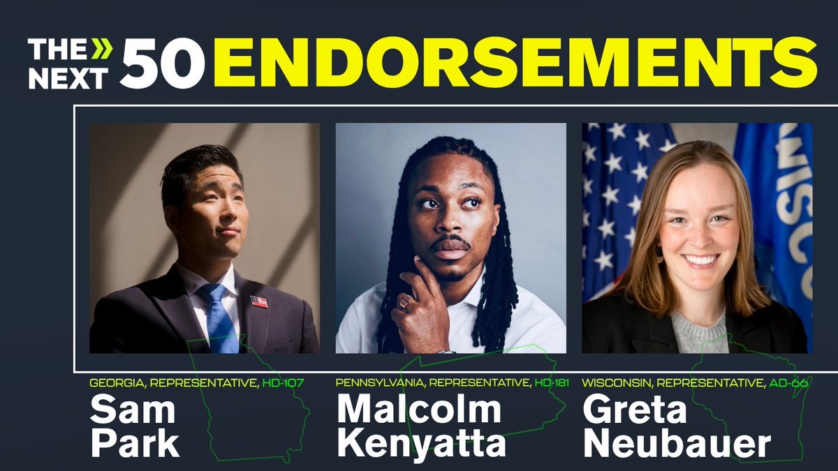 Thenext50Us's tweet image. We're doubling down on proven next gen leaders. Today we're re-endorsing @SamforGeorgia, @gretaneubauer, and @malcolmkenyatta—skilled legislators who are building Democratic power &amp;amp; showing what's possible when we invest in next-generation leadership who know how to win.